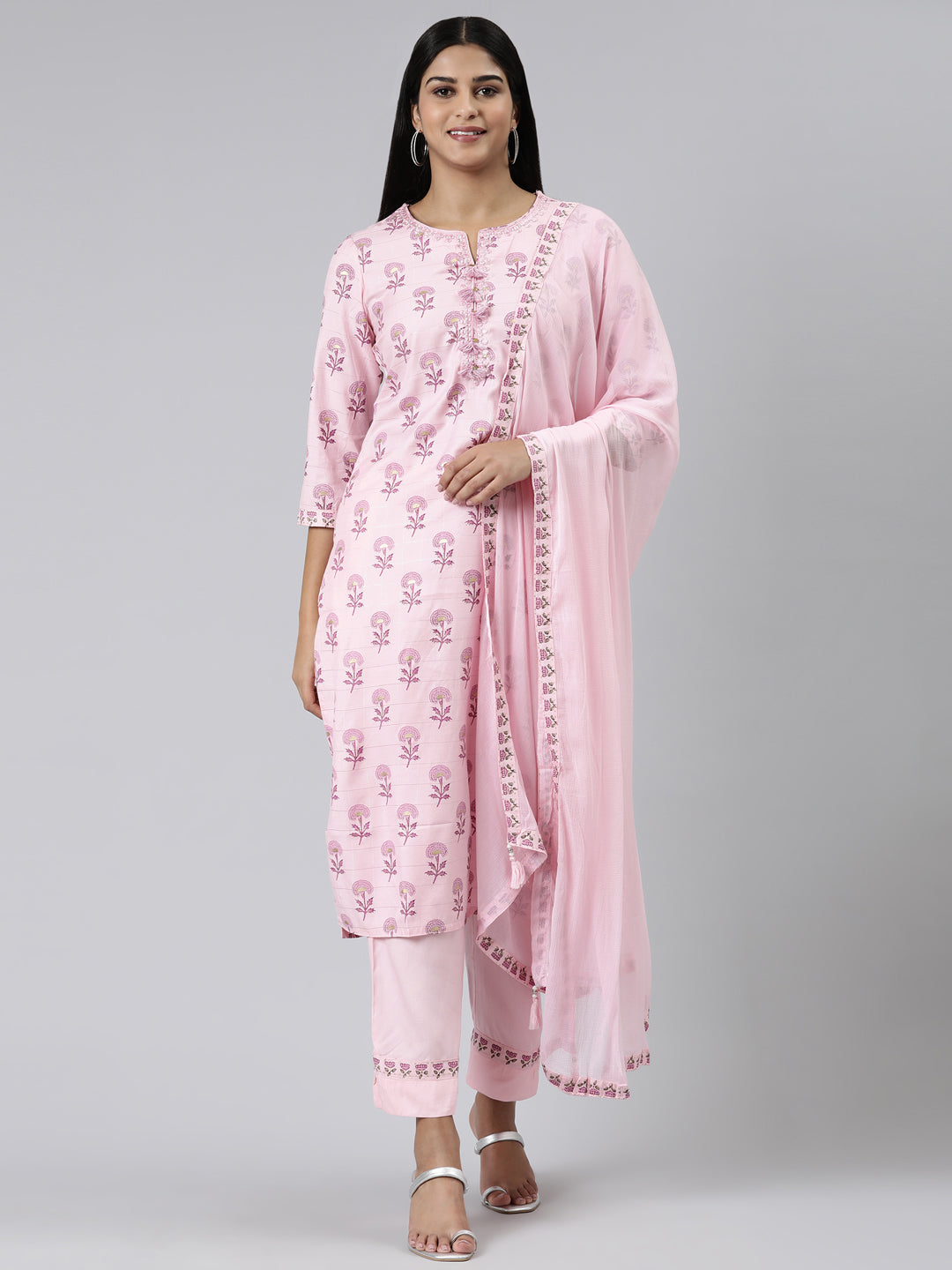 Neerus Pink Viscose Rayon Printed Kurta Set with Trouser and Dupatta - front view