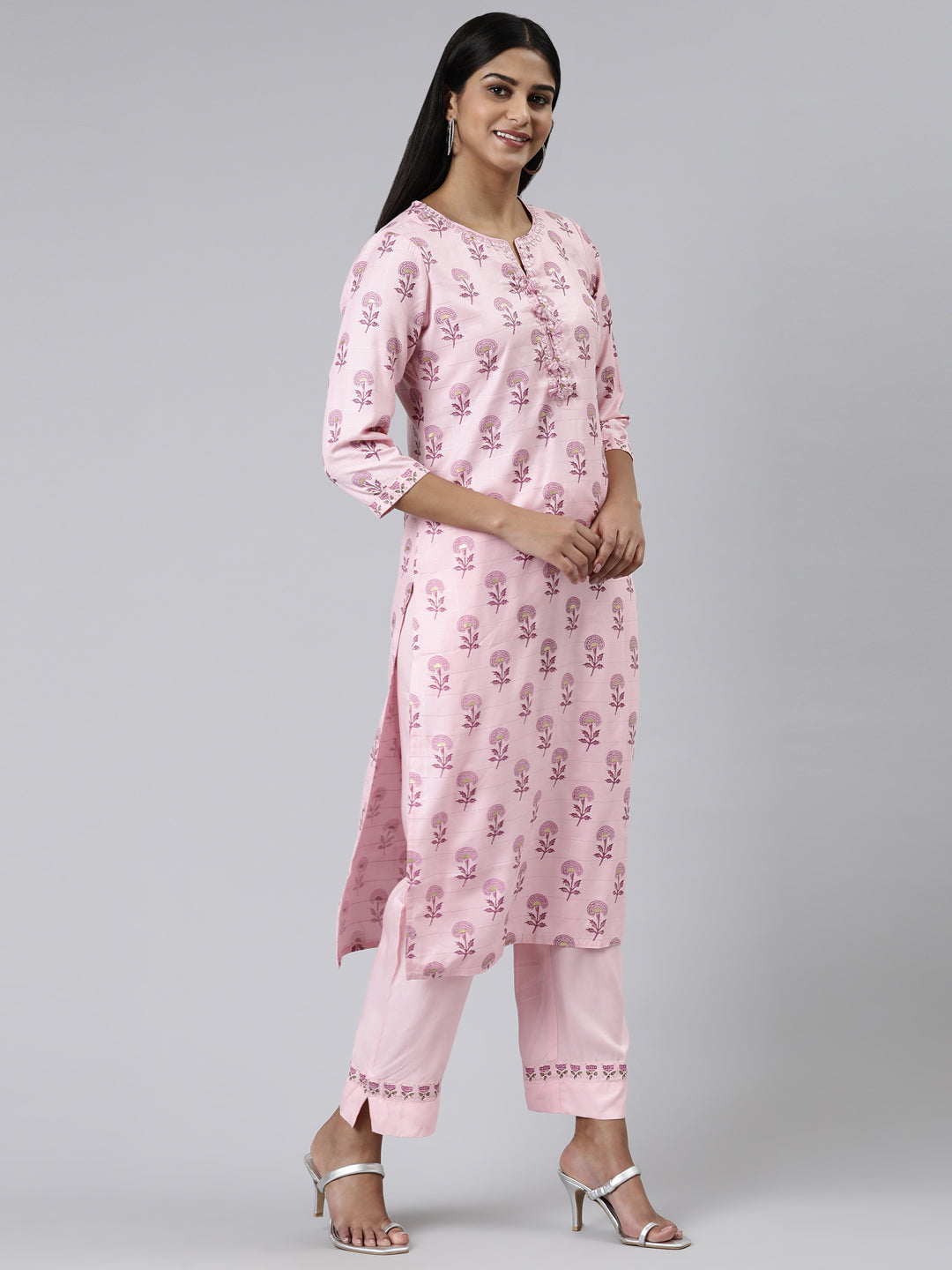 Neerus Pink Viscose Rayon Printed Kurta Set with Trouser and Dupatta - back view