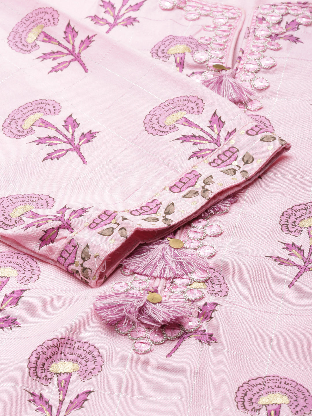 Neerus Pink Viscose Rayon Printed Kurta Set with Trouser and Dupatta - detail view 1