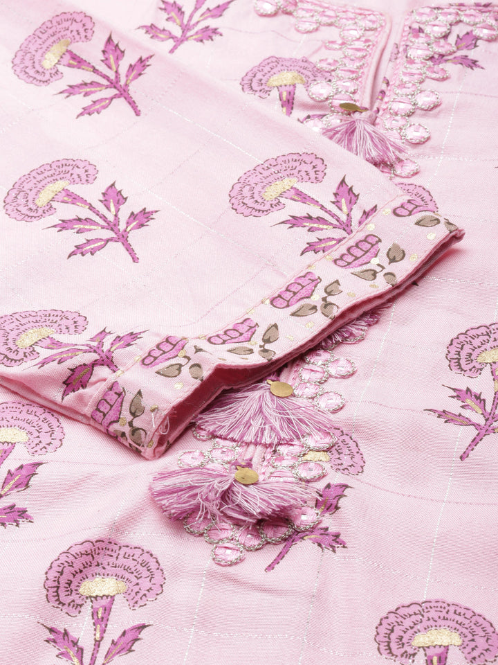 Neerus Pink Viscose Rayon Printed Kurta Set with Trouser and Dupatta - detail view 1