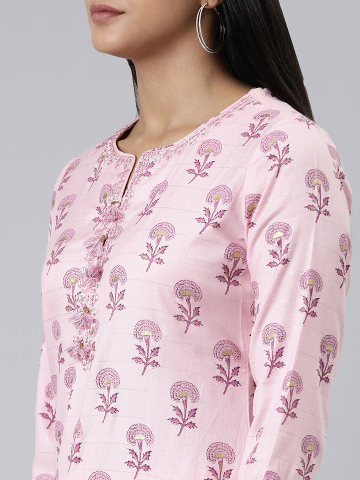 Neerus Pink Viscose Rayon Printed Kurta Set with Trouser and Dupatta - side view