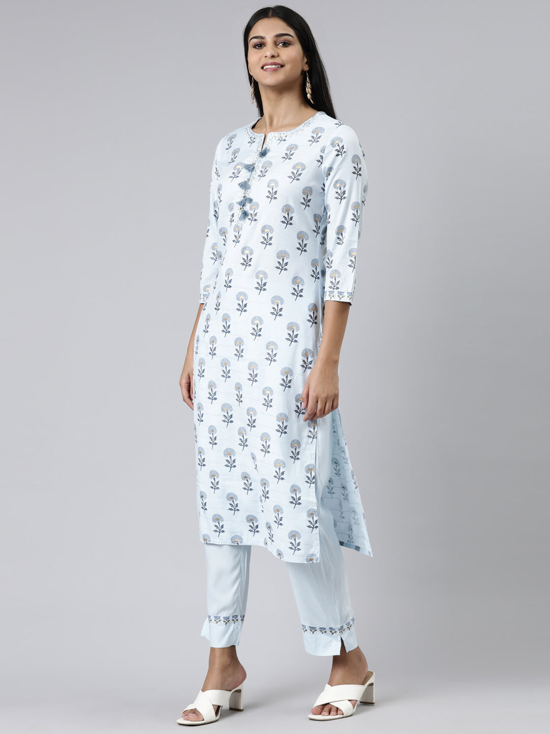 Neerus Blue Viscose Rayon Printed Kurta Set - back view