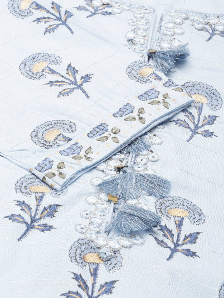 Neerus Blue Viscose Rayon Printed Kurta Set - detail view 2