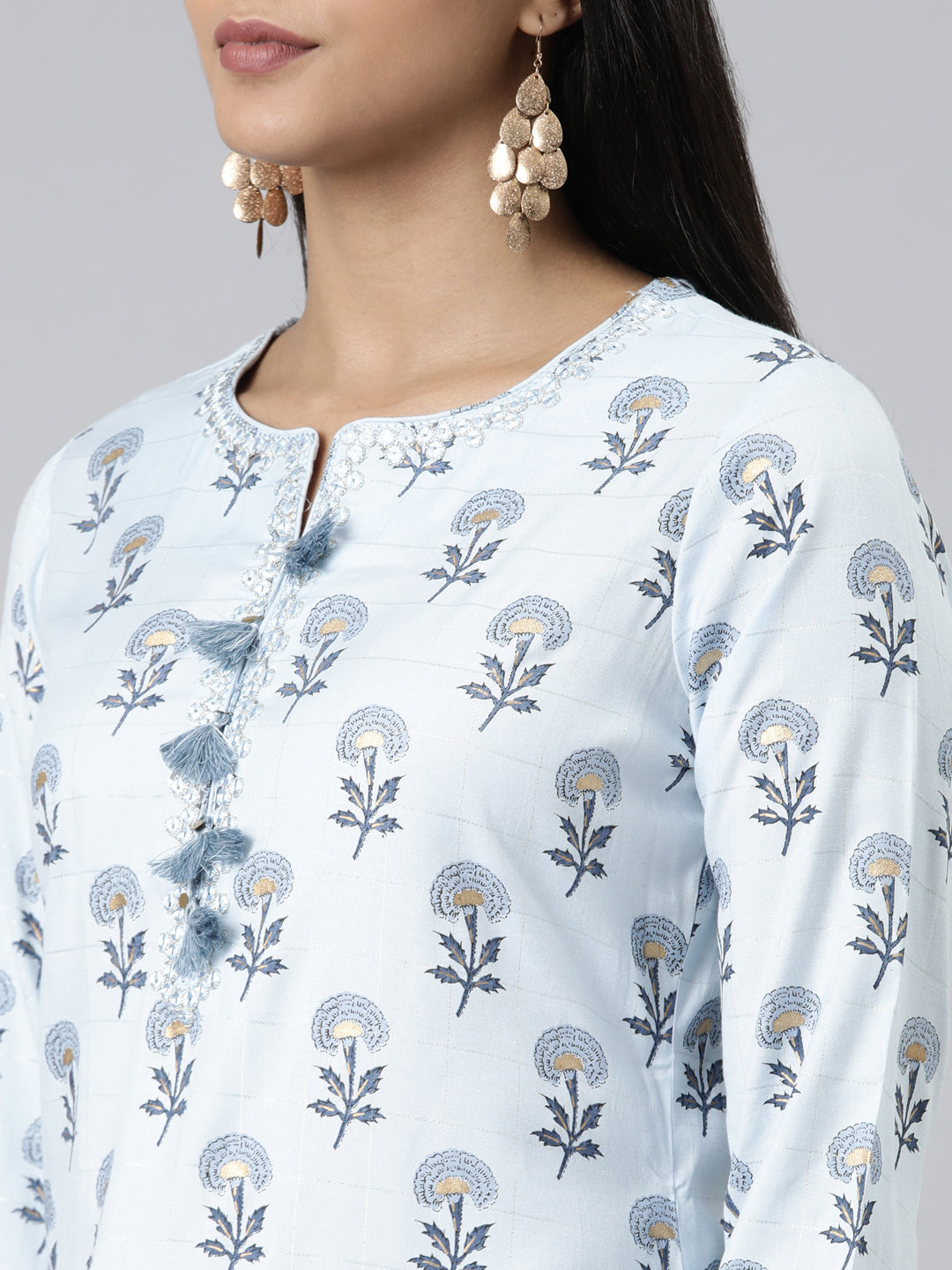 Neerus Blue Viscose Rayon Printed Kurta Set - detail view 1
