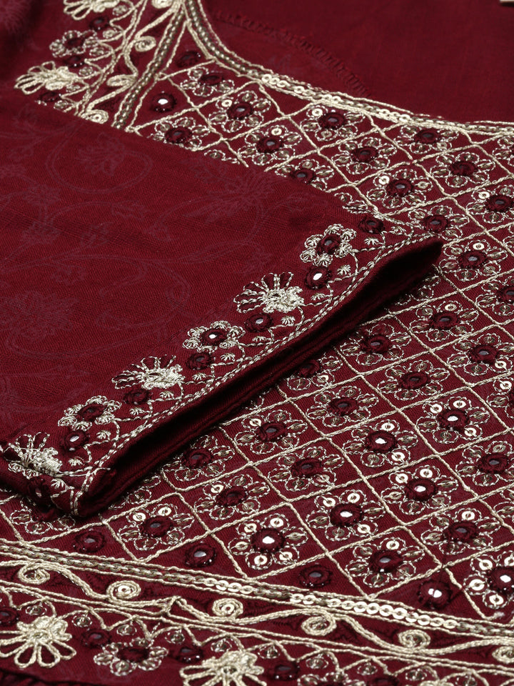 Neerus Maroon printed embroidered kurta set with trouser and dupatta - detail view 3