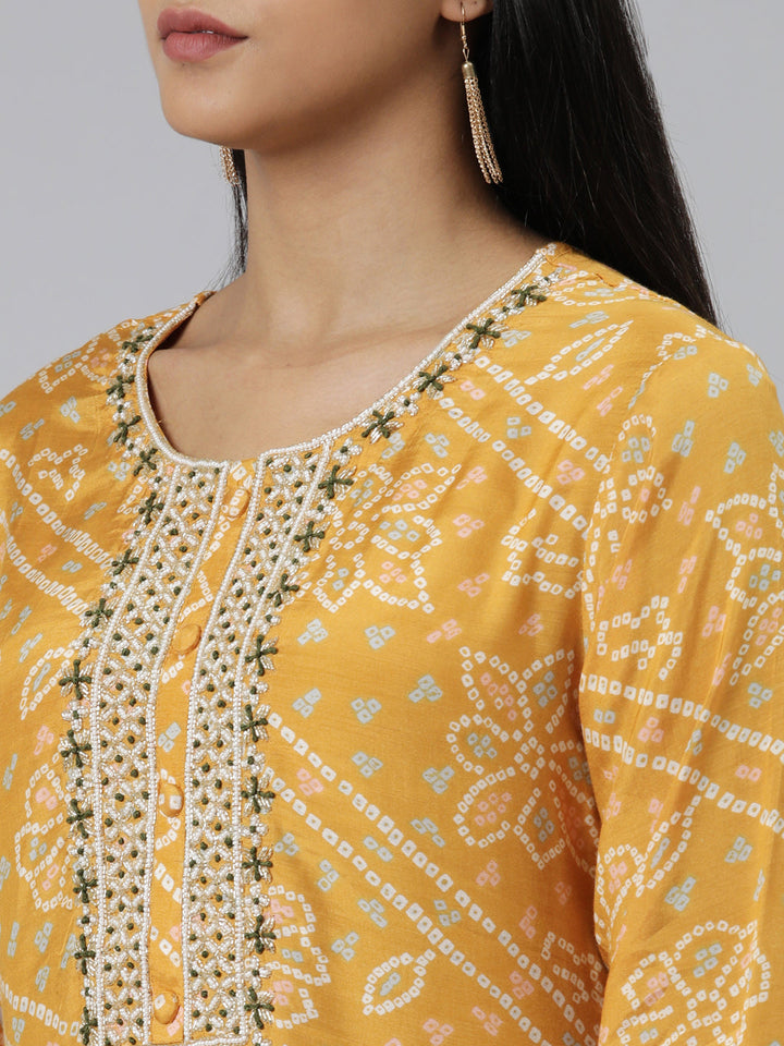 Neerus Yellow printed kurta set with trouser and dupatta - detail view 1