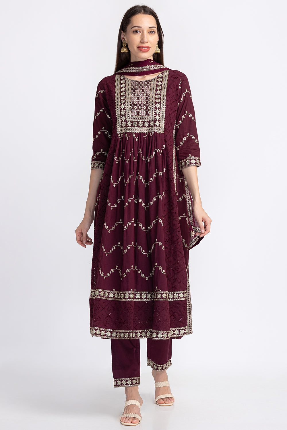Neerus Multi floral embellished suit set with trousers and dupatta - front view