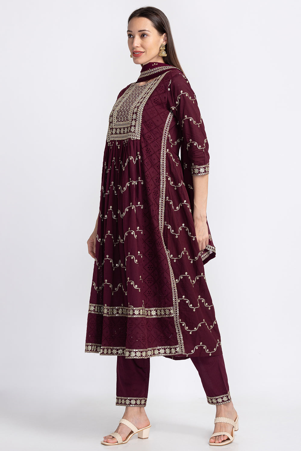 Neerus Multi floral embellished suit set with trousers and dupatta - back view