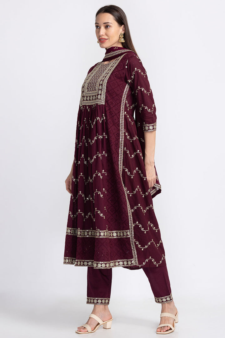 Neerus Multi floral embellished suit set with trousers and dupatta - back view