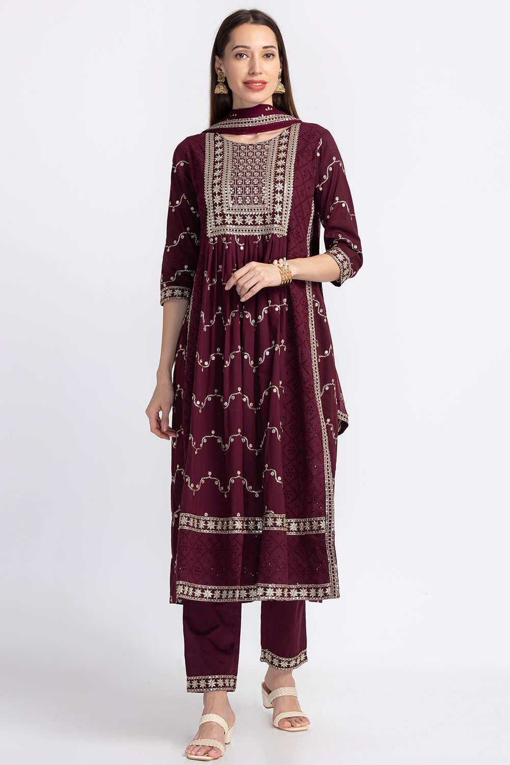 Neerus Multi floral embellished suit set with trousers and dupatta - detail view 2