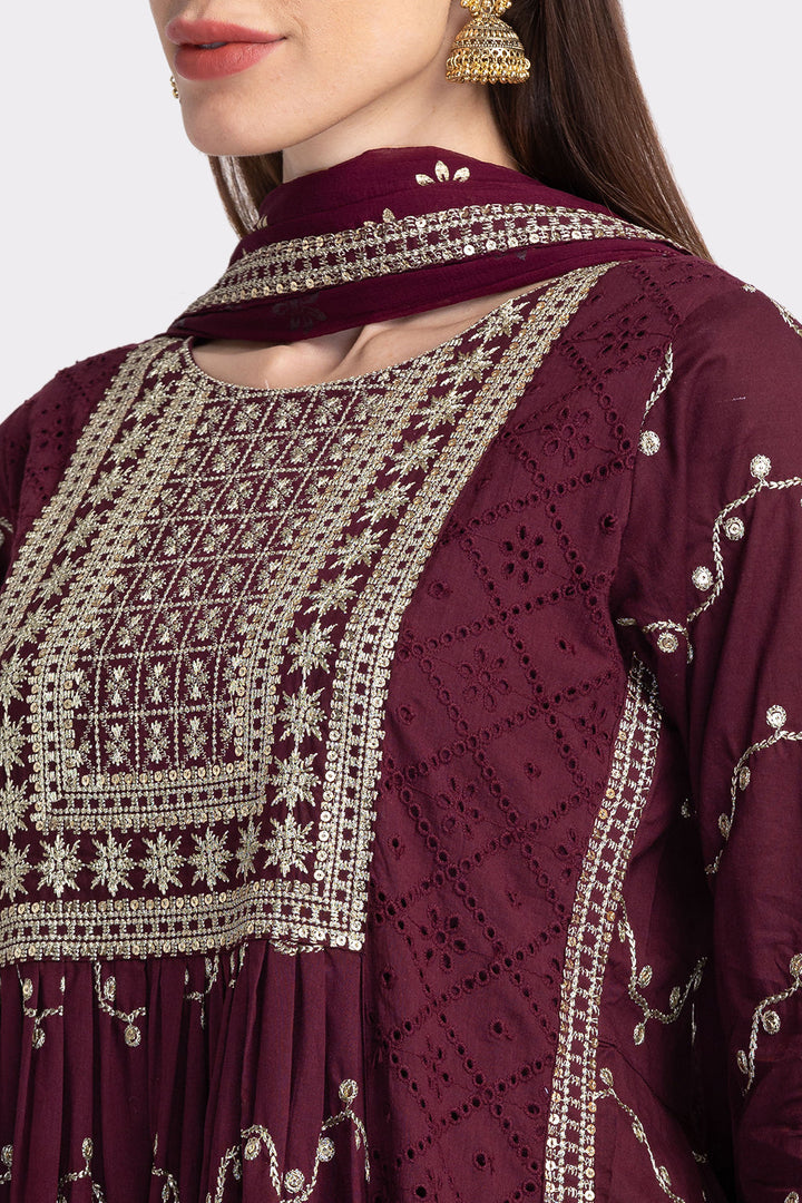 Neerus Multi floral embellished suit set with trousers and dupatta - detail view 1