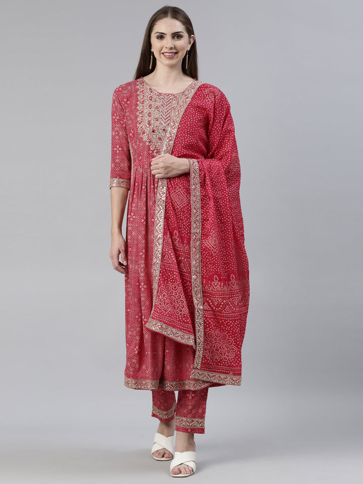 Neerus Red Viscose Rayon Printed Kurta Set with Trouser and Dupatta - front view