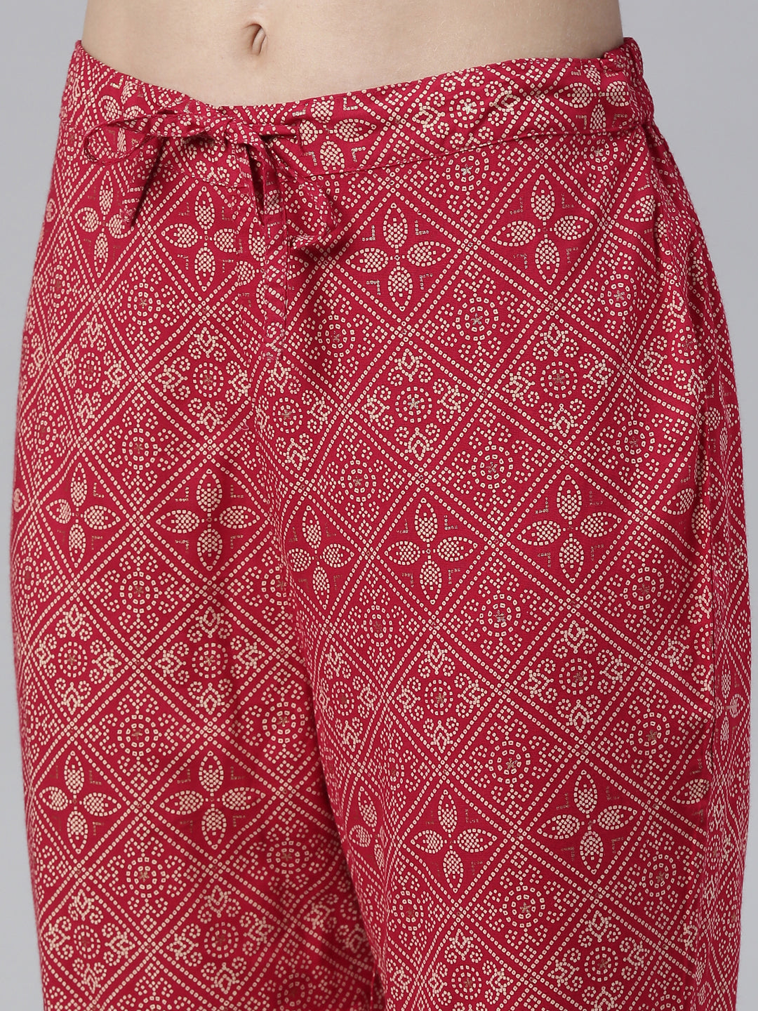 Neerus Red Viscose Rayon Printed Kurta Set with Trouser and Dupatta - detail view 3