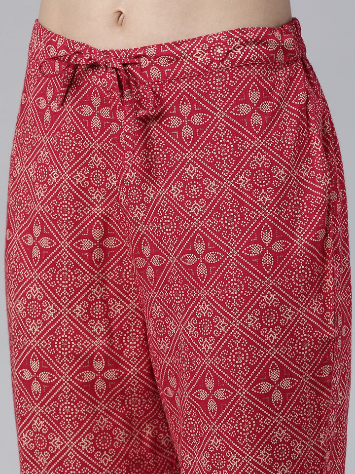 Neerus Red Viscose Rayon Printed Kurta Set with Trouser and Dupatta - detail view 3