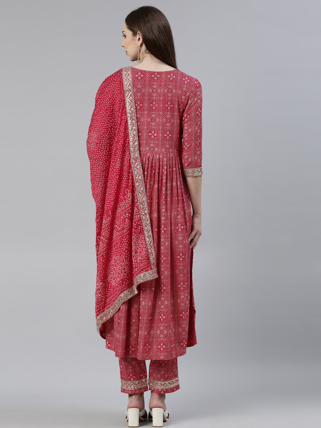 Neerus Red Viscose Rayon Printed Kurta Set with Trouser and Dupatta - side view