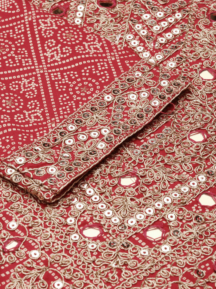 Neerus Red Viscose Rayon Printed Kurta Set with Trouser and Dupatta - detail view 2