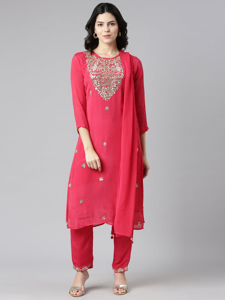 Neerus Pink embroidered straight kurta set with dupatta - front view
