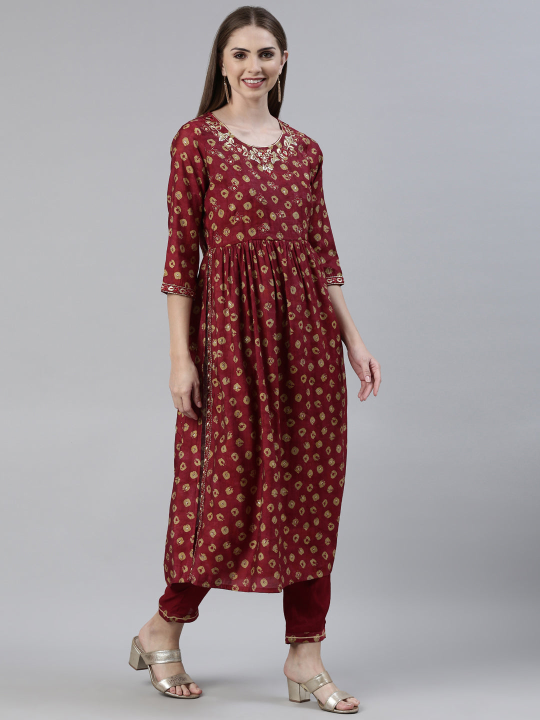 Neerus Pink printed kurta set with trouser and dupatta - back view