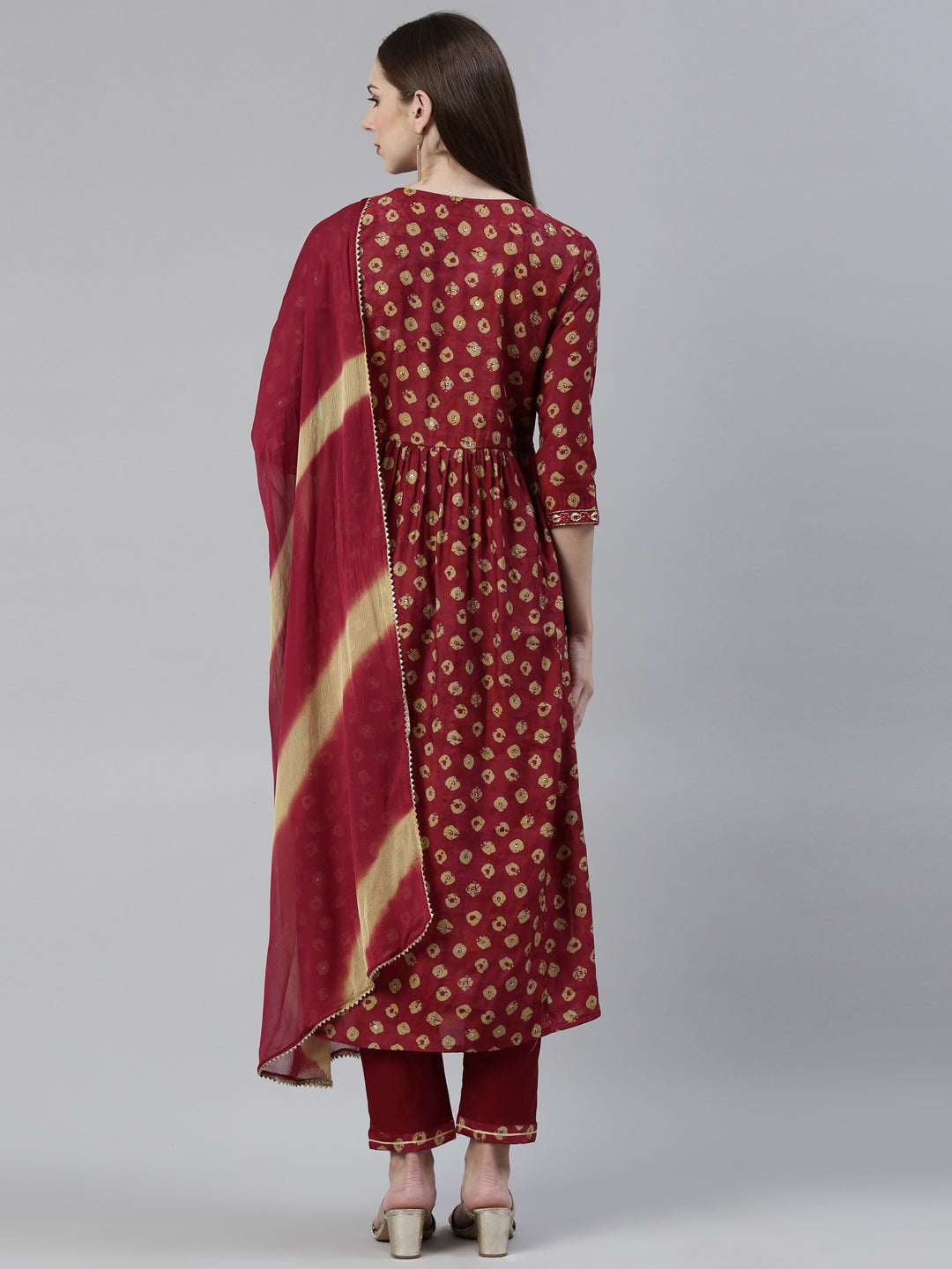 Neerus Pink printed kurta set with trouser and dupatta - side view