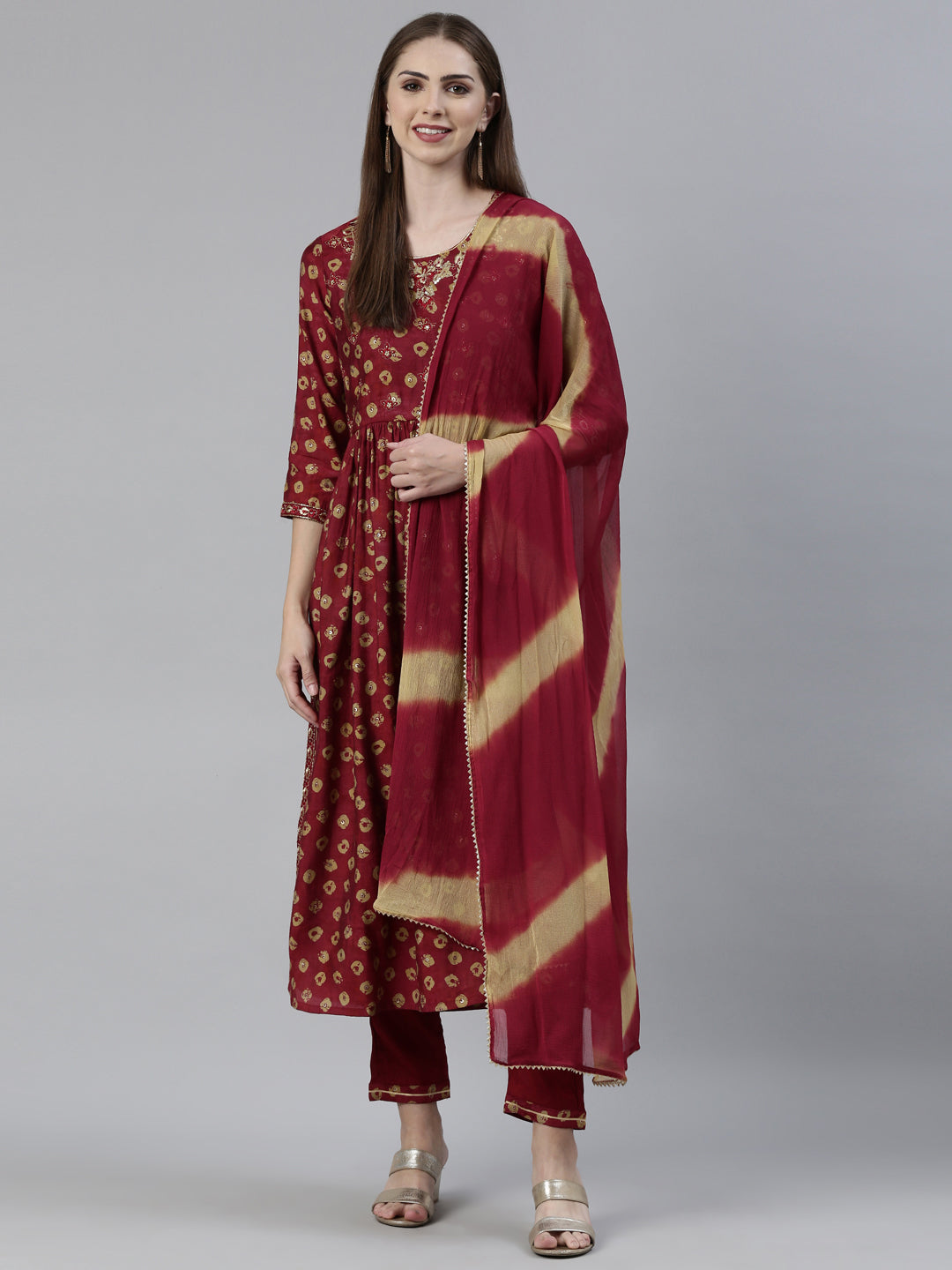 Neerus Pink printed kurta set with trouser and dupatta - front view