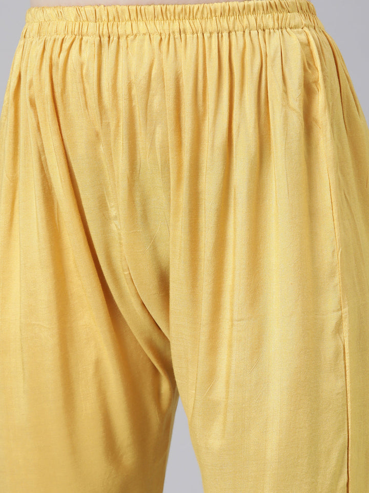 Neerus Yellow cotton solid kurta set with trouser and dupatta - detail view 3