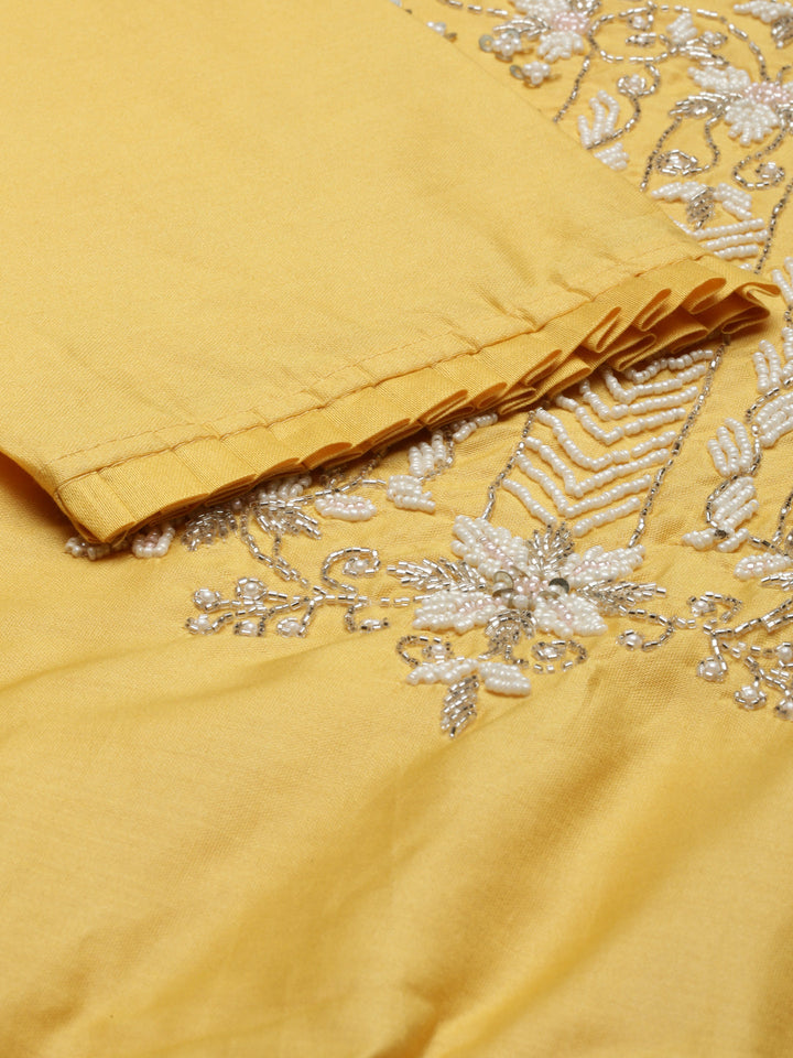Neerus Yellow cotton solid kurta set with trouser and dupatta - detail view 2