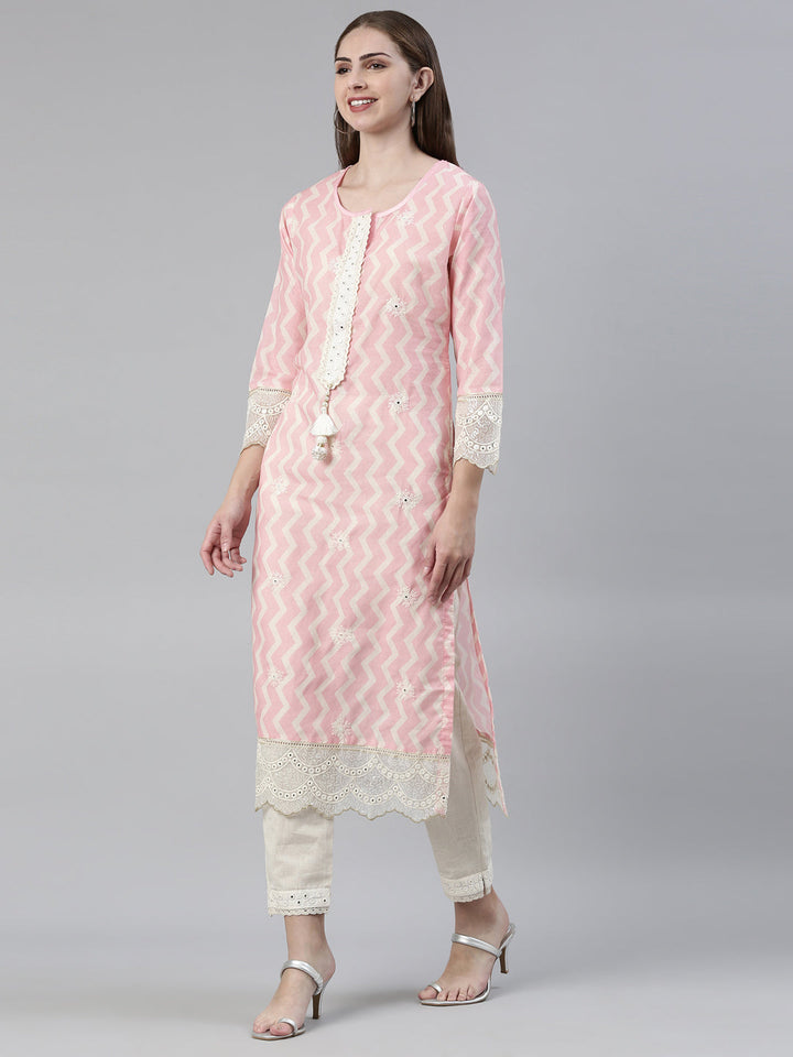 Neerus Pink cotton embroidered kurta set with trousers and dupatta - back view