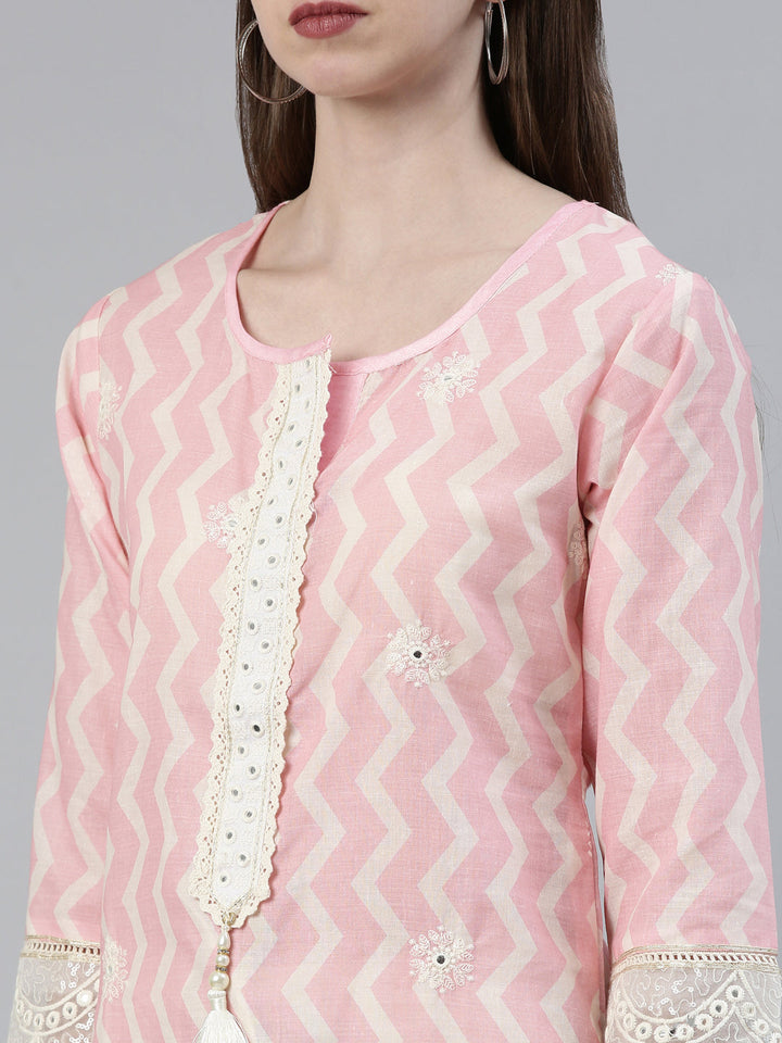 Neerus Pink cotton embroidered kurta set with trousers and dupatta - detail view 1
