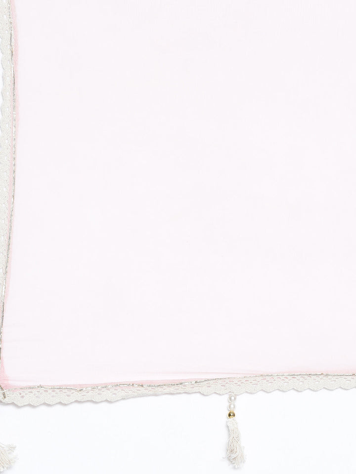 Neerus Pink cotton embroidered kurta set with trousers and dupatta - detail view 3