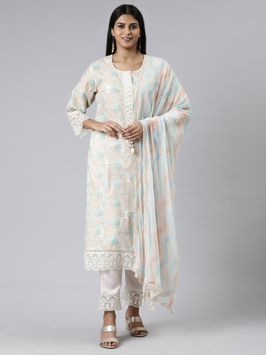 Neerus Beige Chanderi Cotton Printed Kurta Set - front view