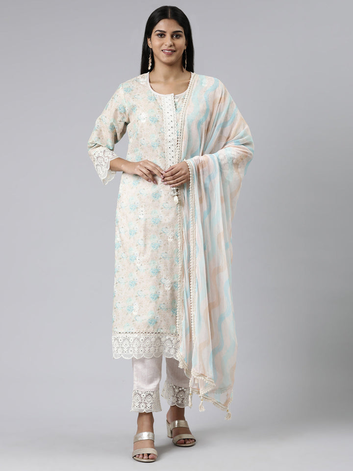Neerus Beige Chanderi Cotton Printed Kurta Set - front view
