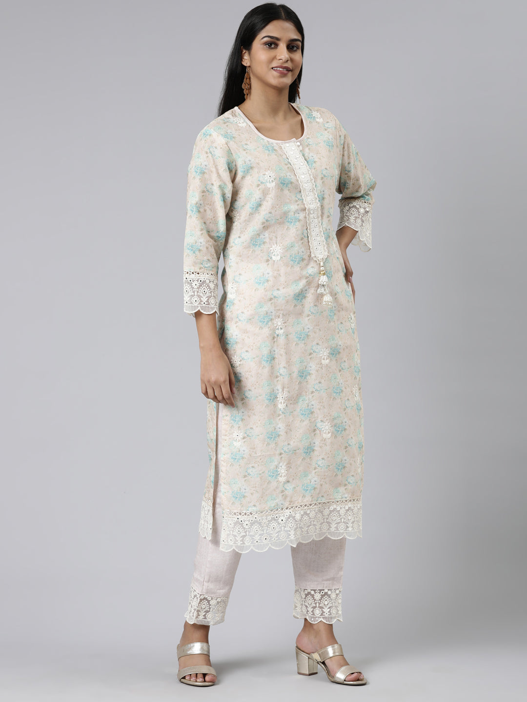 Neerus Beige Chanderi Cotton Printed Kurta Set - back view