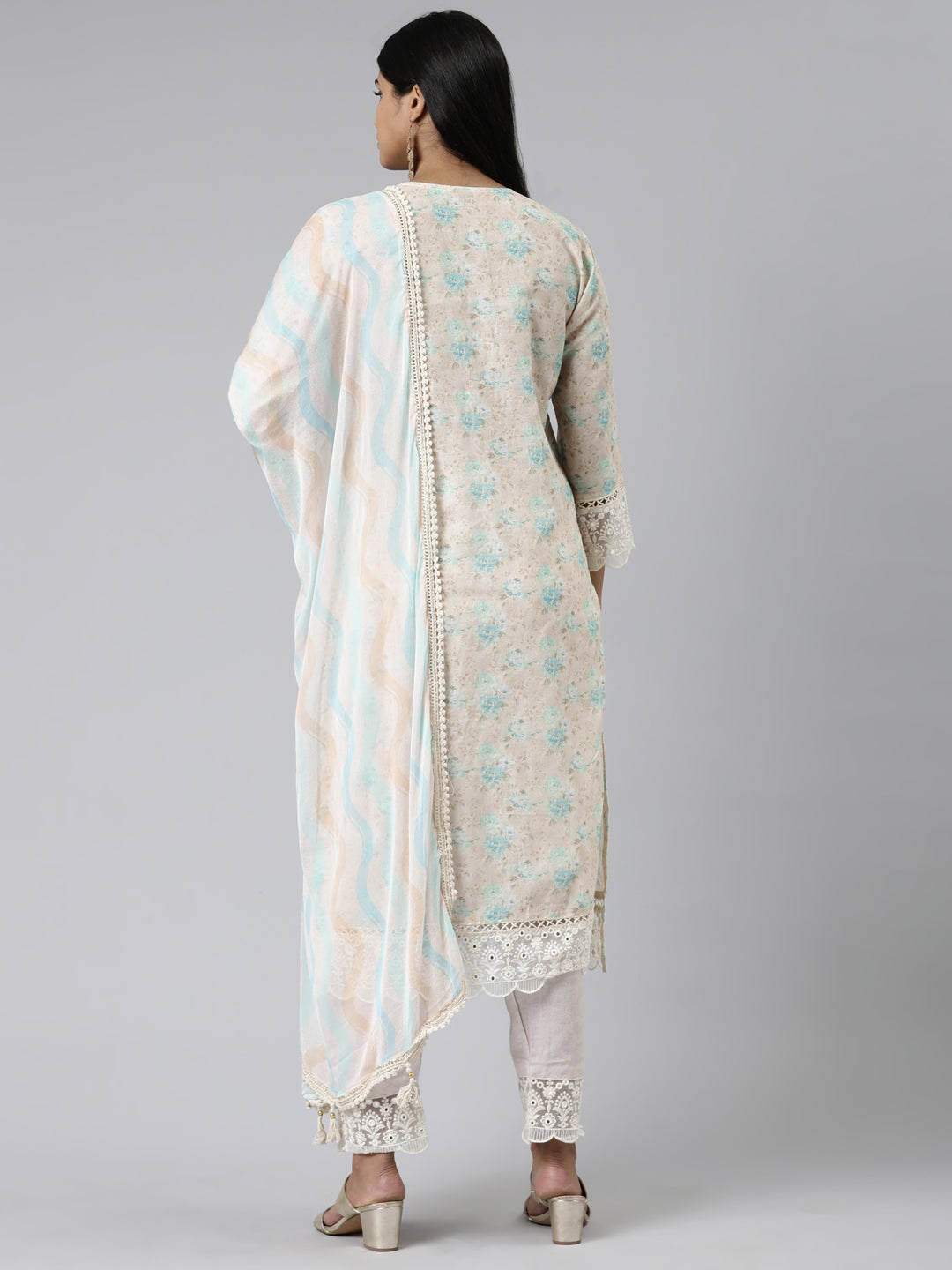 Neerus Beige Chanderi Cotton Printed Kurta Set - side view
