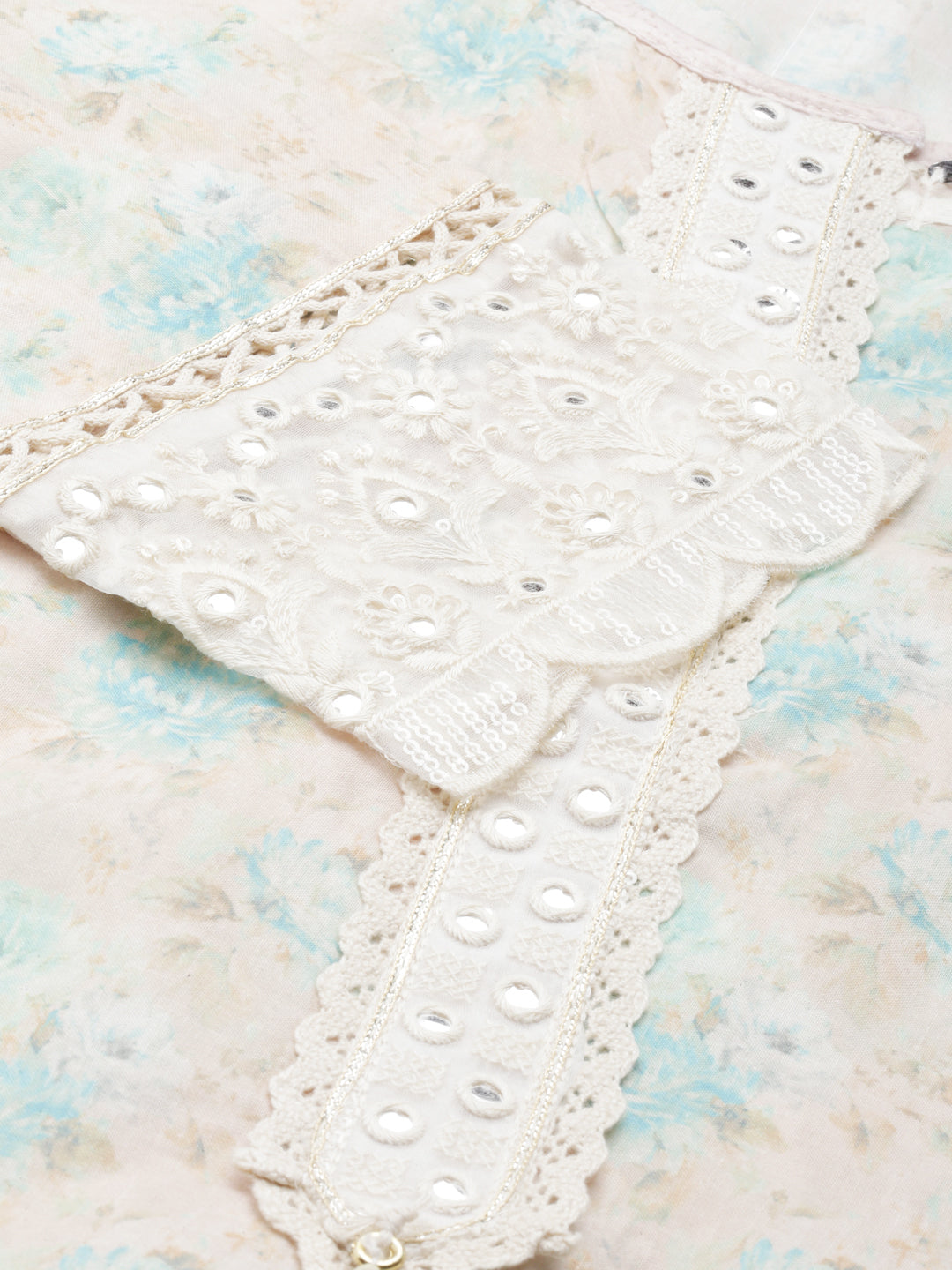 Neerus Beige Chanderi Cotton Printed Kurta Set - detail view 2