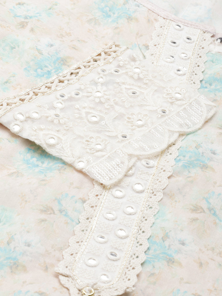 Neerus Beige Chanderi Cotton Printed Kurta Set - detail view 2