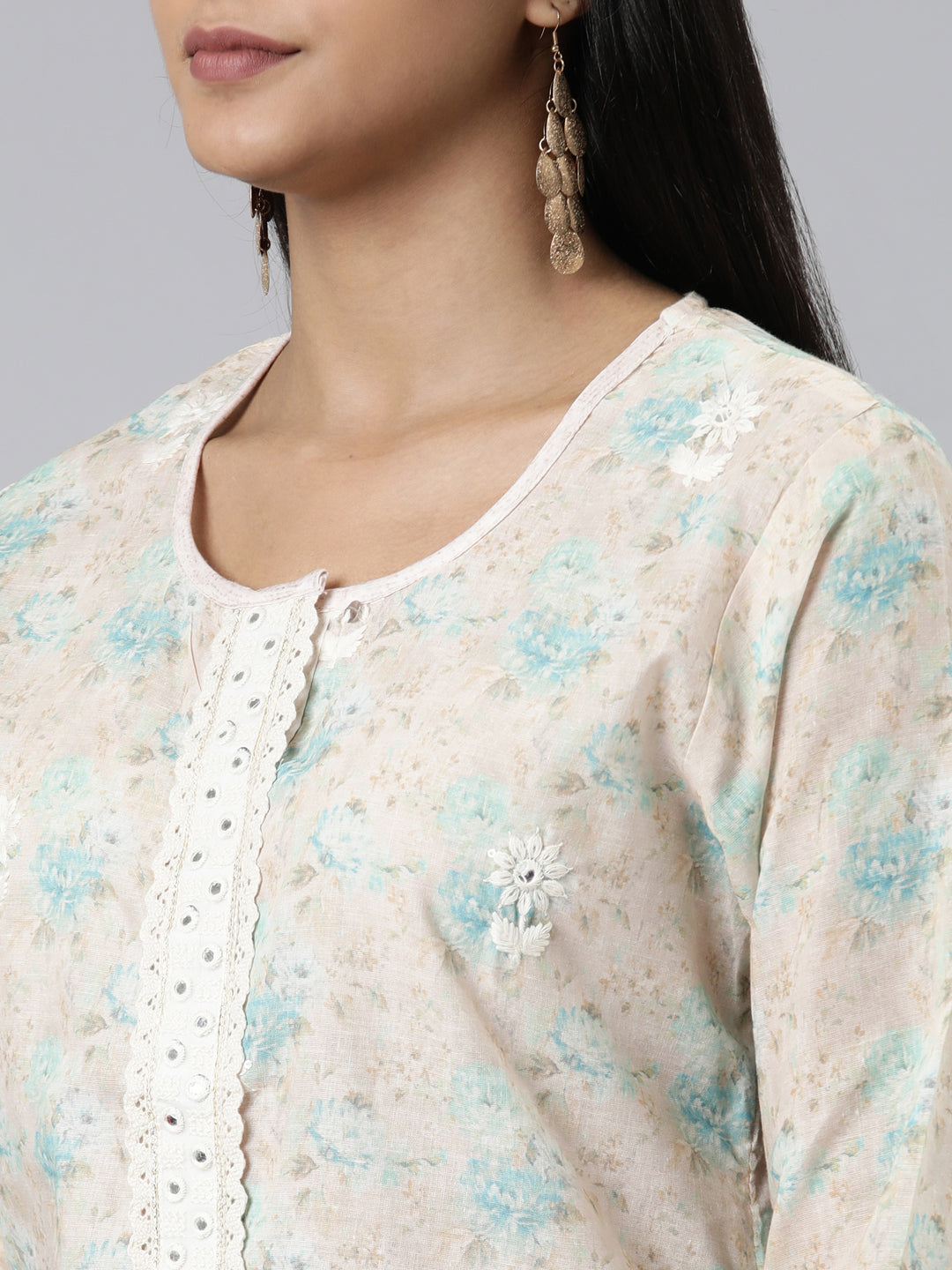 Neerus Beige Chanderi Cotton Printed Kurta Set - detail view 1
