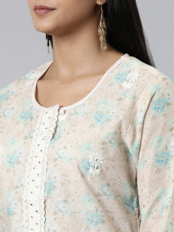 Neerus Beige Chanderi Cotton Printed Kurta Set - detail view 1