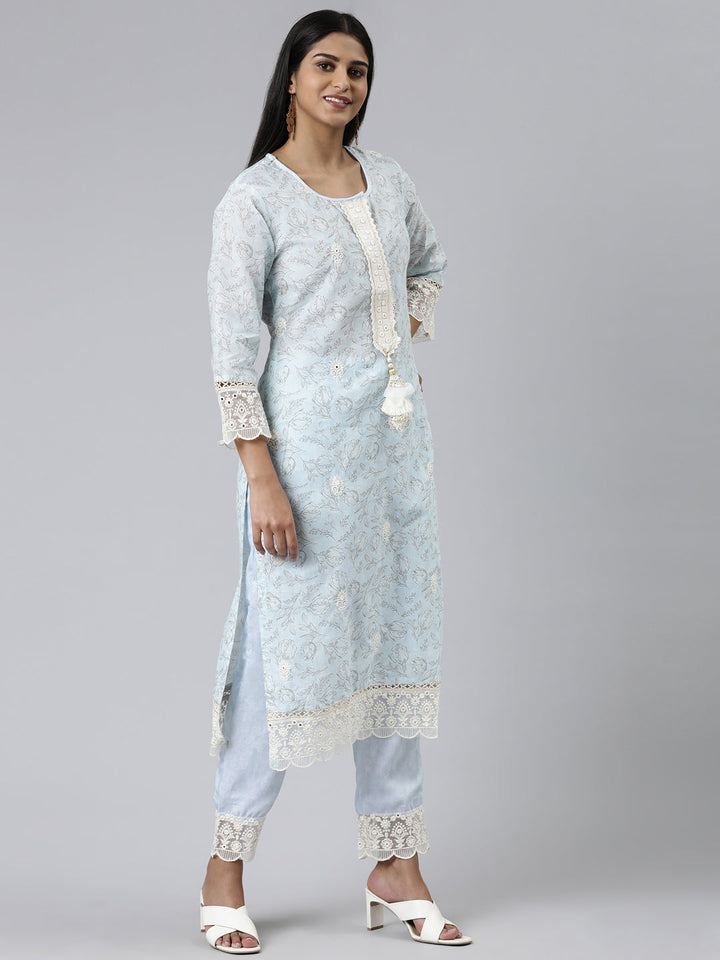 Neerus Green Chanderi Cotton Printed Kurta Set - back view