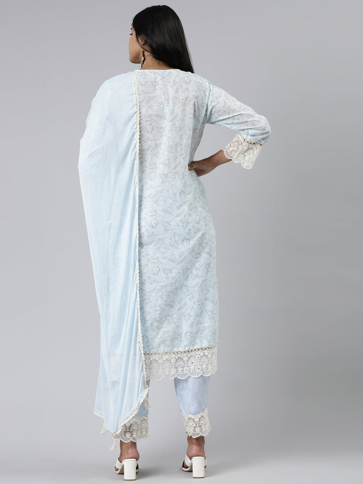Neerus Green Chanderi Cotton Printed Kurta Set - side view