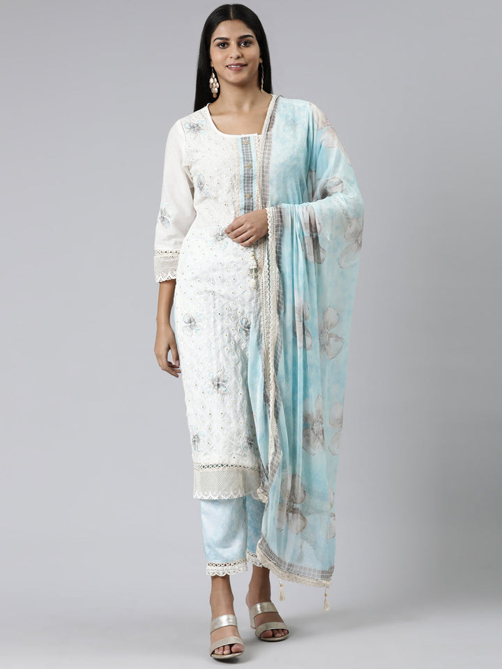 Neerus White Chanderi Cotton Embroidered Kurta Set - front view