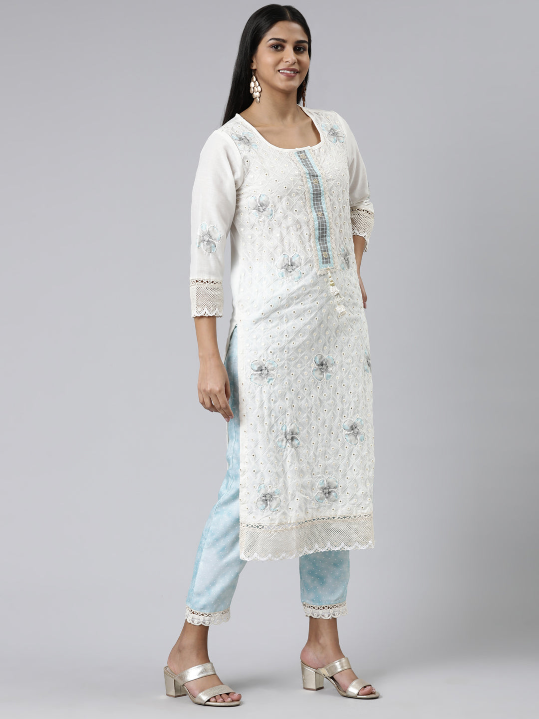 Neerus White Chanderi Cotton Embroidered Kurta Set - back view