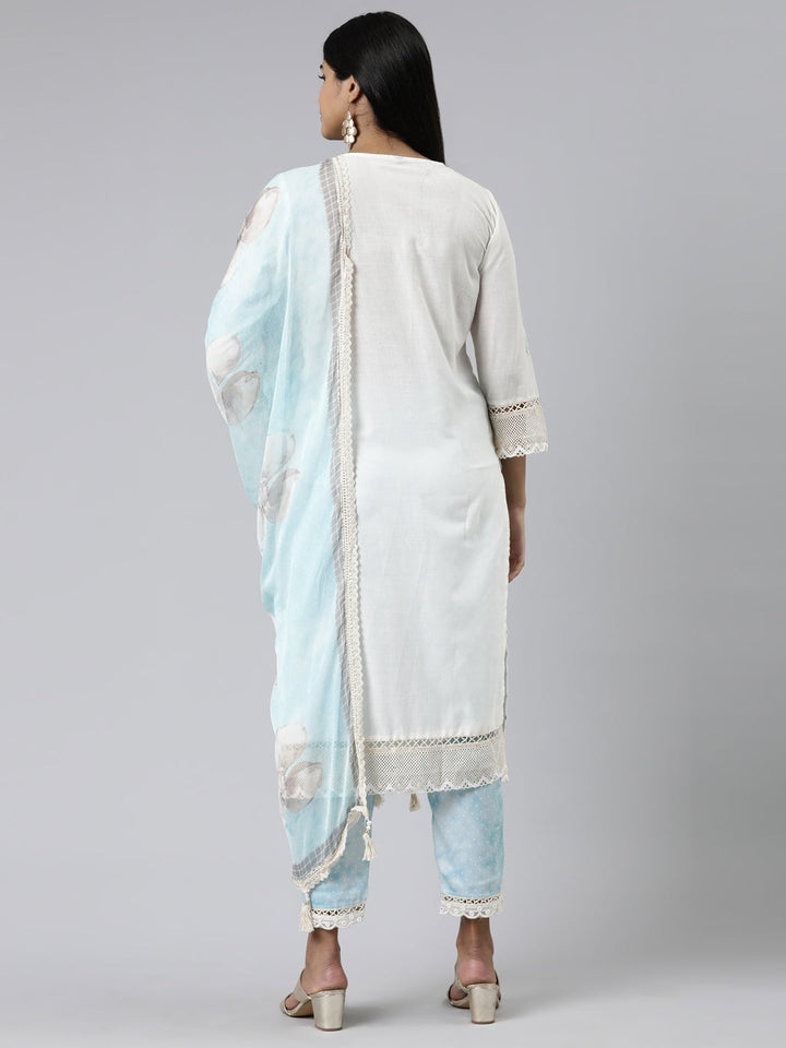 Neerus White Chanderi Cotton Embroidered Kurta Set - side view