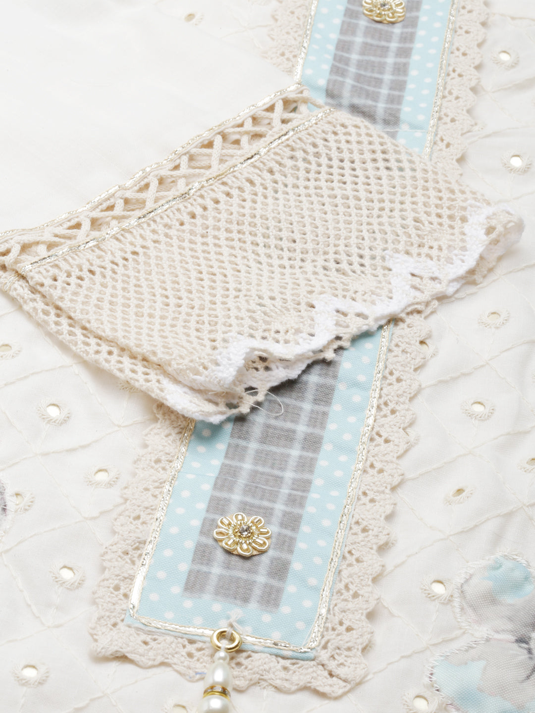 Neerus White Chanderi Cotton Embroidered Kurta Set - detail view 2
