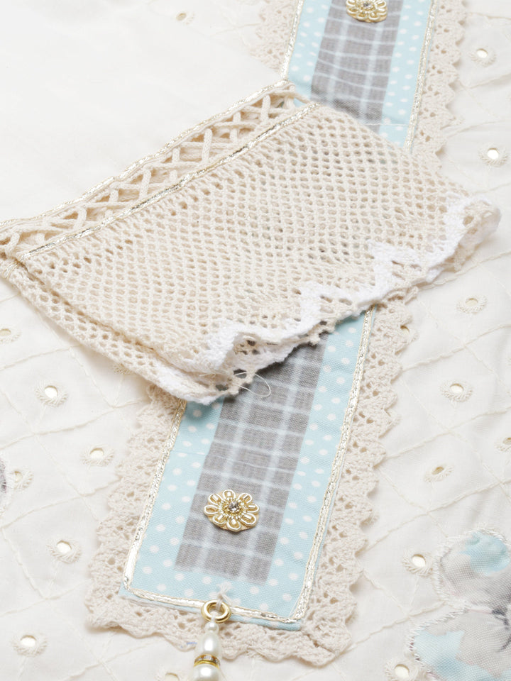 Neerus White Chanderi Cotton Embroidered Kurta Set - detail view 2