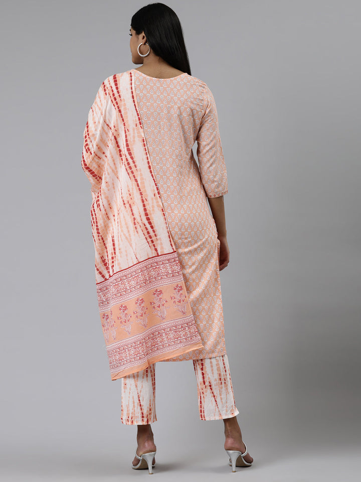 Neerus Orange cotton printed kurta set with trouser and dupatta - side view