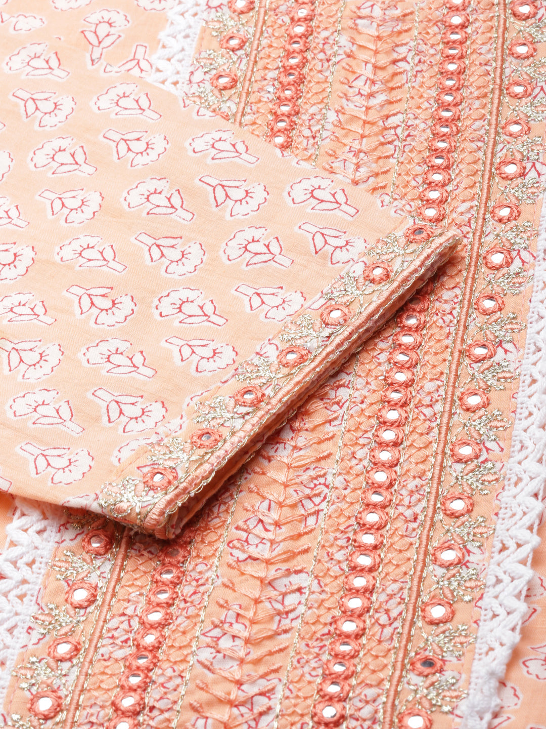 Neerus Orange cotton printed kurta set with trouser and dupatta - detail view 1