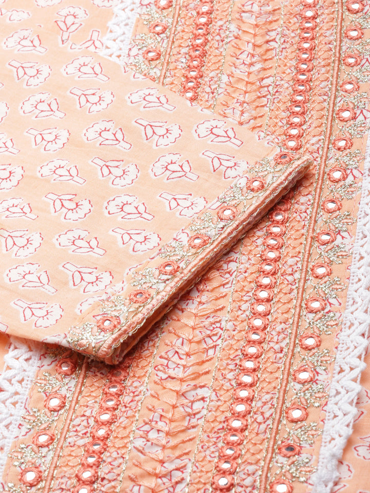 Neerus Orange cotton printed kurta set with trouser and dupatta - detail view 1