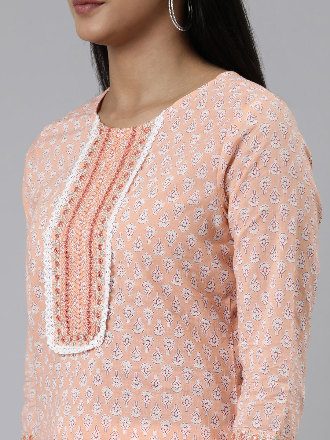 Neerus Orange cotton printed kurta set with trouser and dupatta - detail view 2