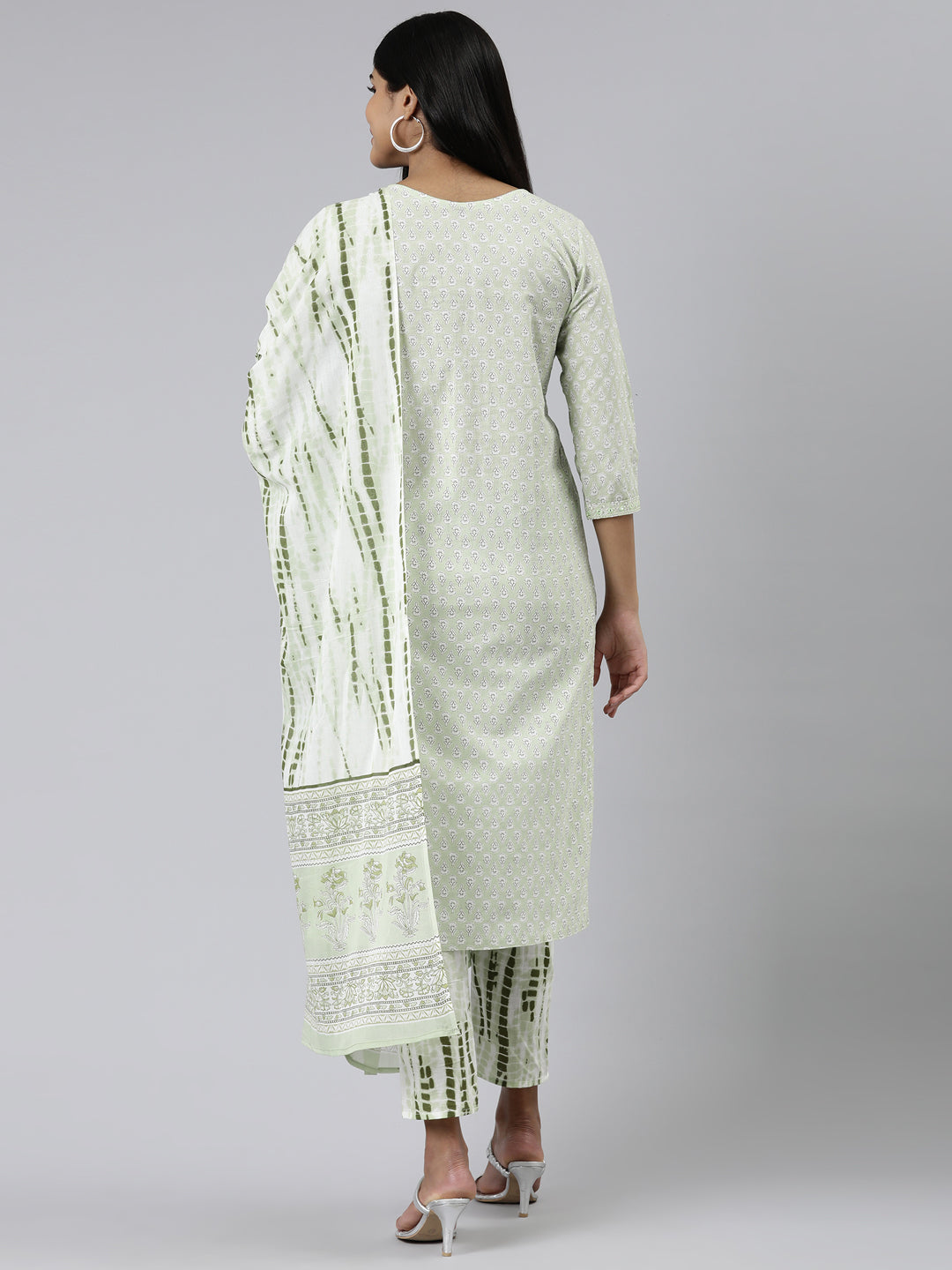 Neerus Green cotton printed kurta set with trousers and dupatta - side view