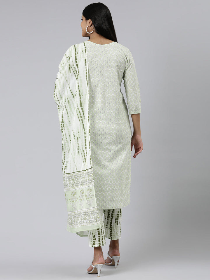 Neerus Green cotton printed kurta set with trousers and dupatta - side view